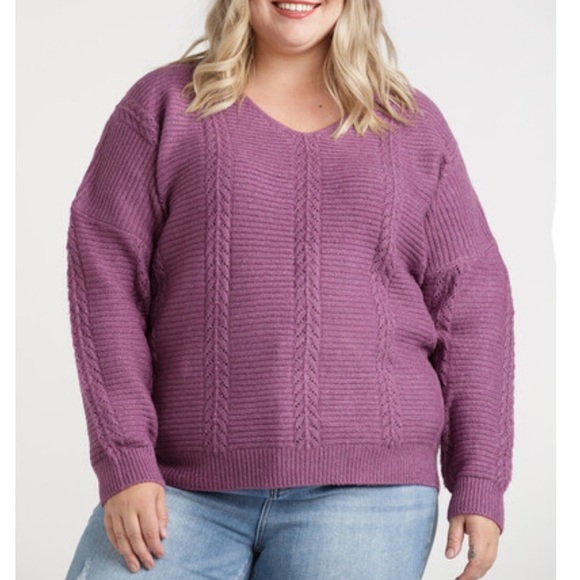 Warehouse One Sweaters - Warehouse One 3X/4X Purple V-Neck Cable Knit Sweater